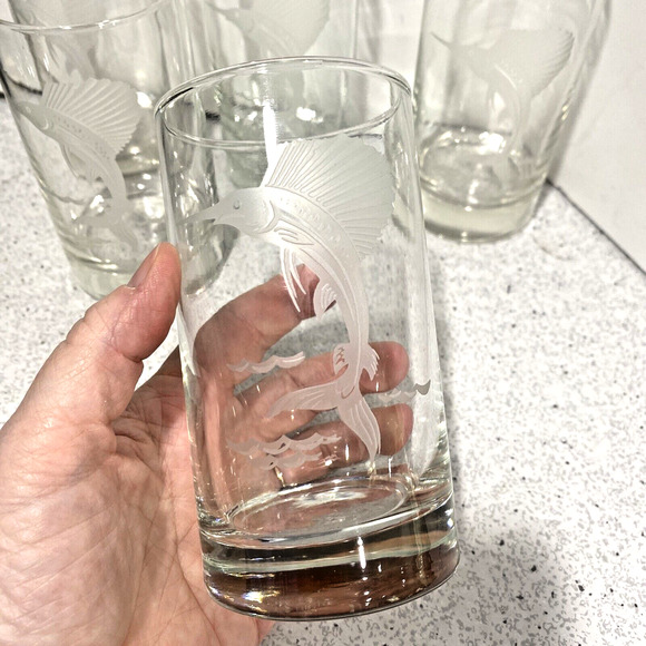 Vintage Cocktail Glasses Game Fish Swordfish Sport Fishing Barware Set of 5 - Picture 4 of 8